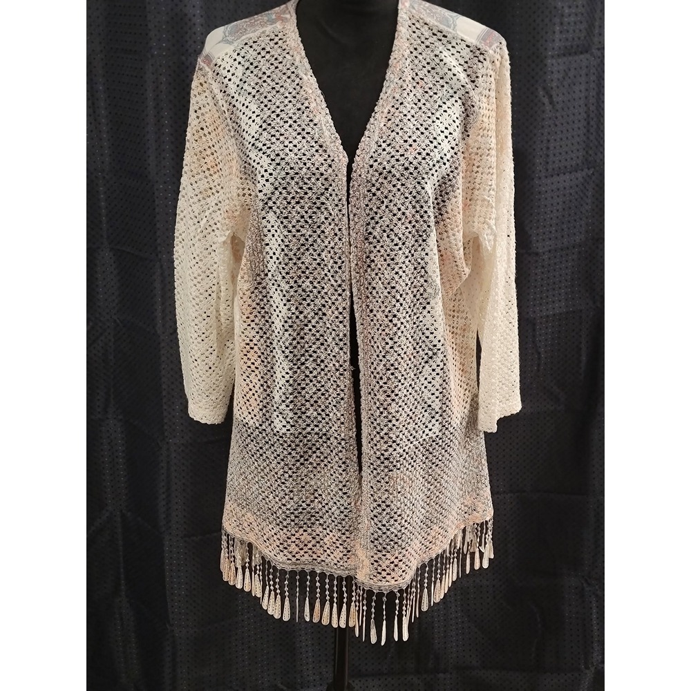 Reba Woman Crochet Knit Paisley Fringe Cardigan Kimono 2X Pink Blue Boho
